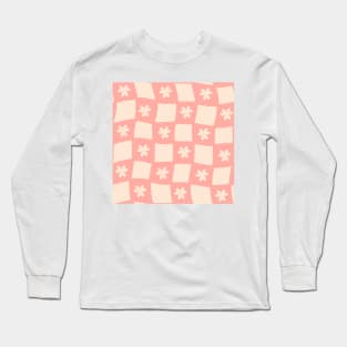 Large Floral Checker Board - peachy pink and warm beige Long Sleeve T-Shirt